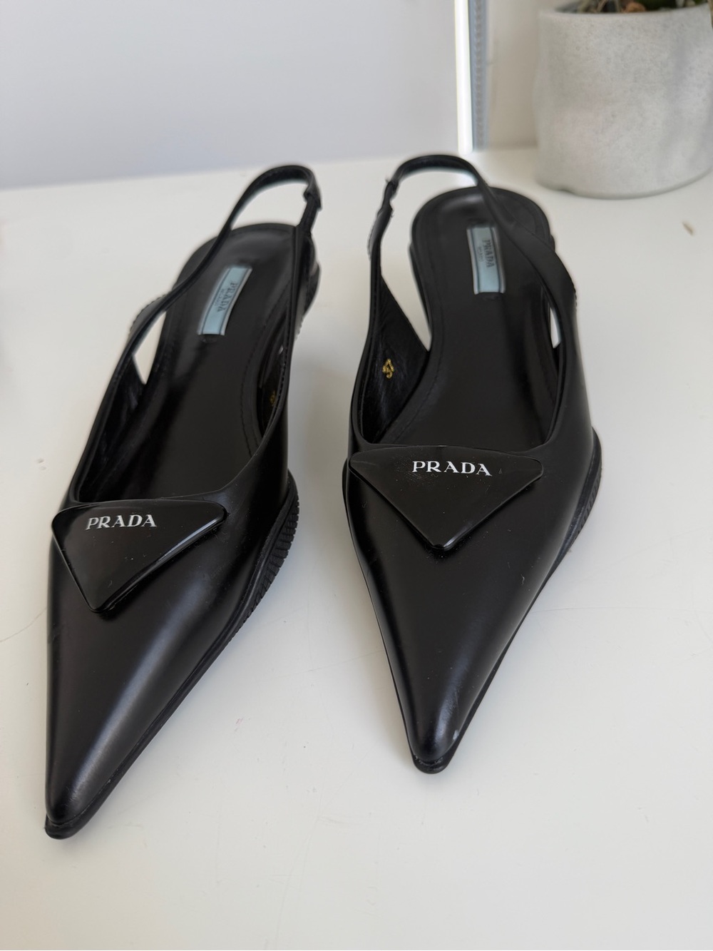Prada Black Pointed Slingback Pumps with Logo Plaque - Picture 2 of 7